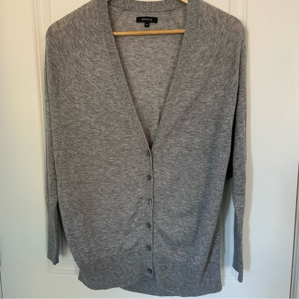 GRAY LIGHT KNIT CARDIGAN RW&CO / RAGLAN SLEEVE WOOL BLEND / BUTTONED / SMALL